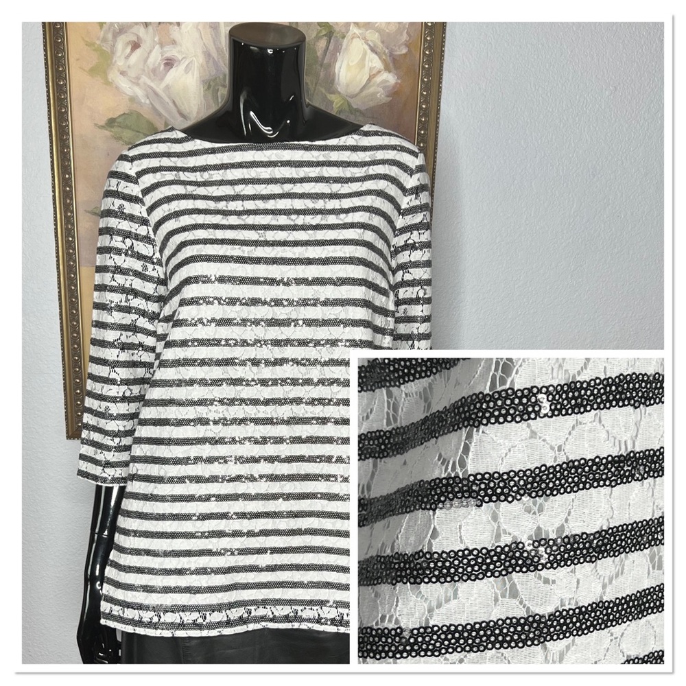 Michael Michael Kors Black and White Stripe Sequin Top Sz 10 Nylon & Cotton NWT